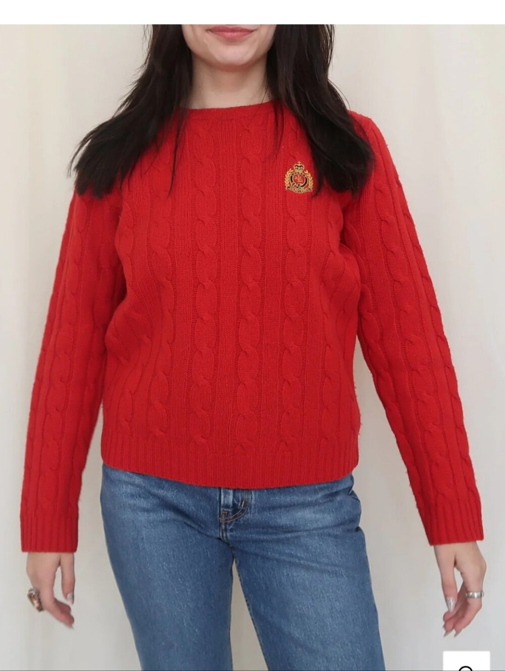 Vintage Lauren Ralph Lauren Crew Neck Cable Knit Crest 100% Cotton Red Sweater 